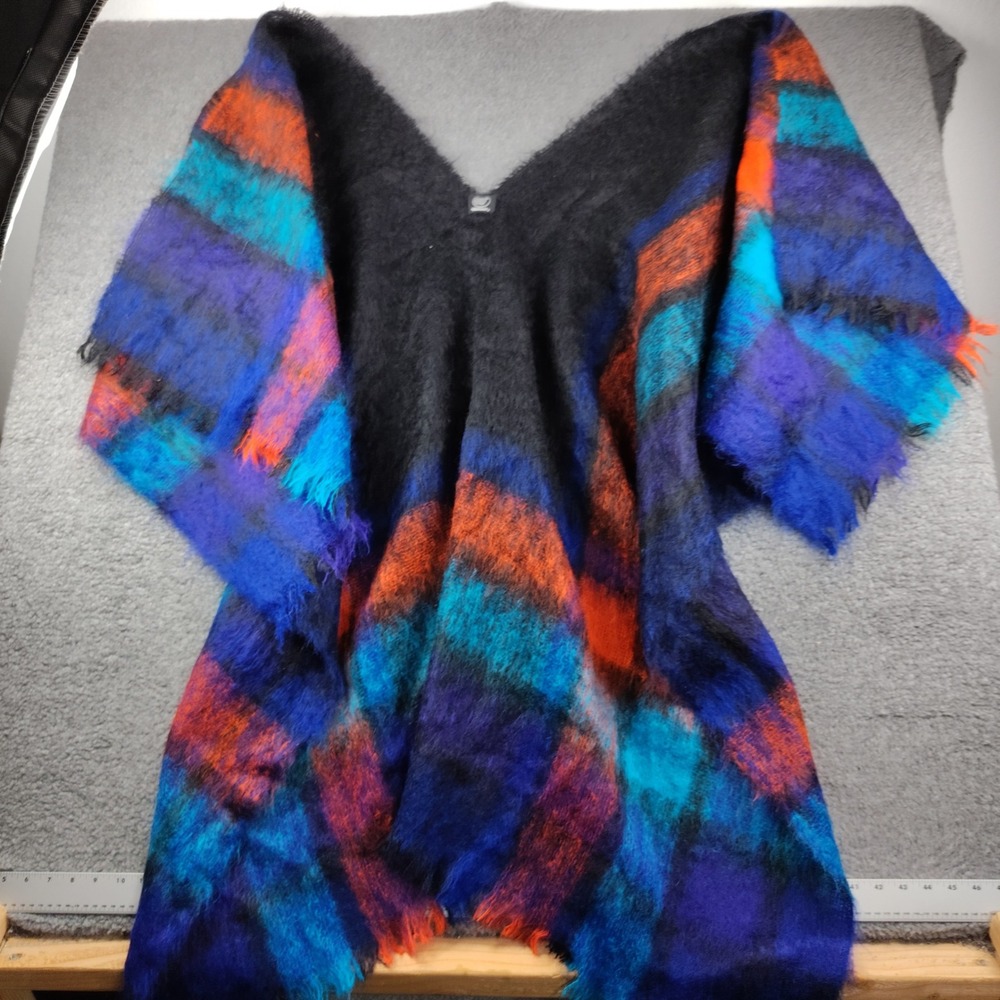 VTG 100% Mohair Cardigan Shawl Striped Wrap Blue Purple Oversized Designer
